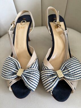 O Jour Vtg Bow-Accent Beige Slingback Heels Navy Stripes Open Toe Shoes Y2K 8